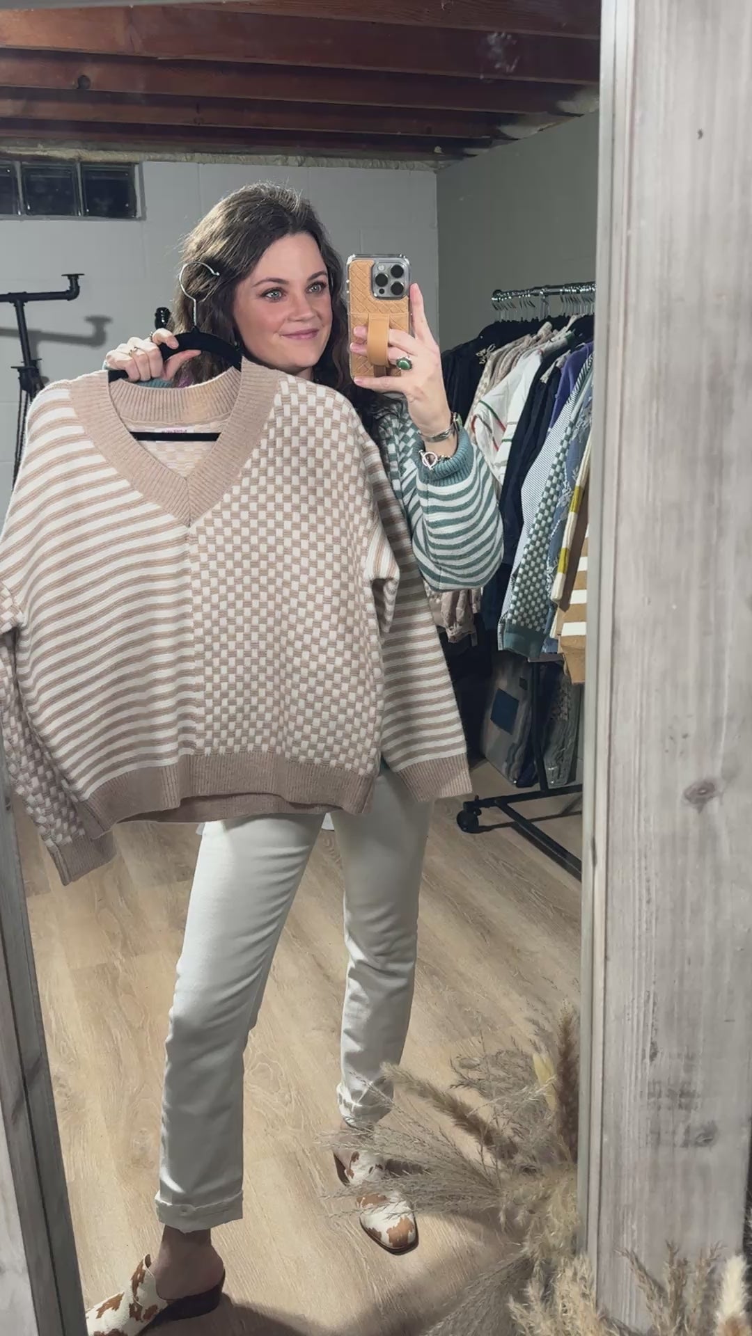 The Fabulous Frenchie Checkered Sweater in Taupe and Ivory